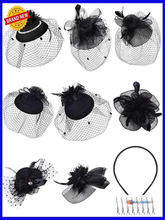 8 Pillbox Fascinator Hats with Veil Feather Mesh Wedding Funeral Tea Party main image 5